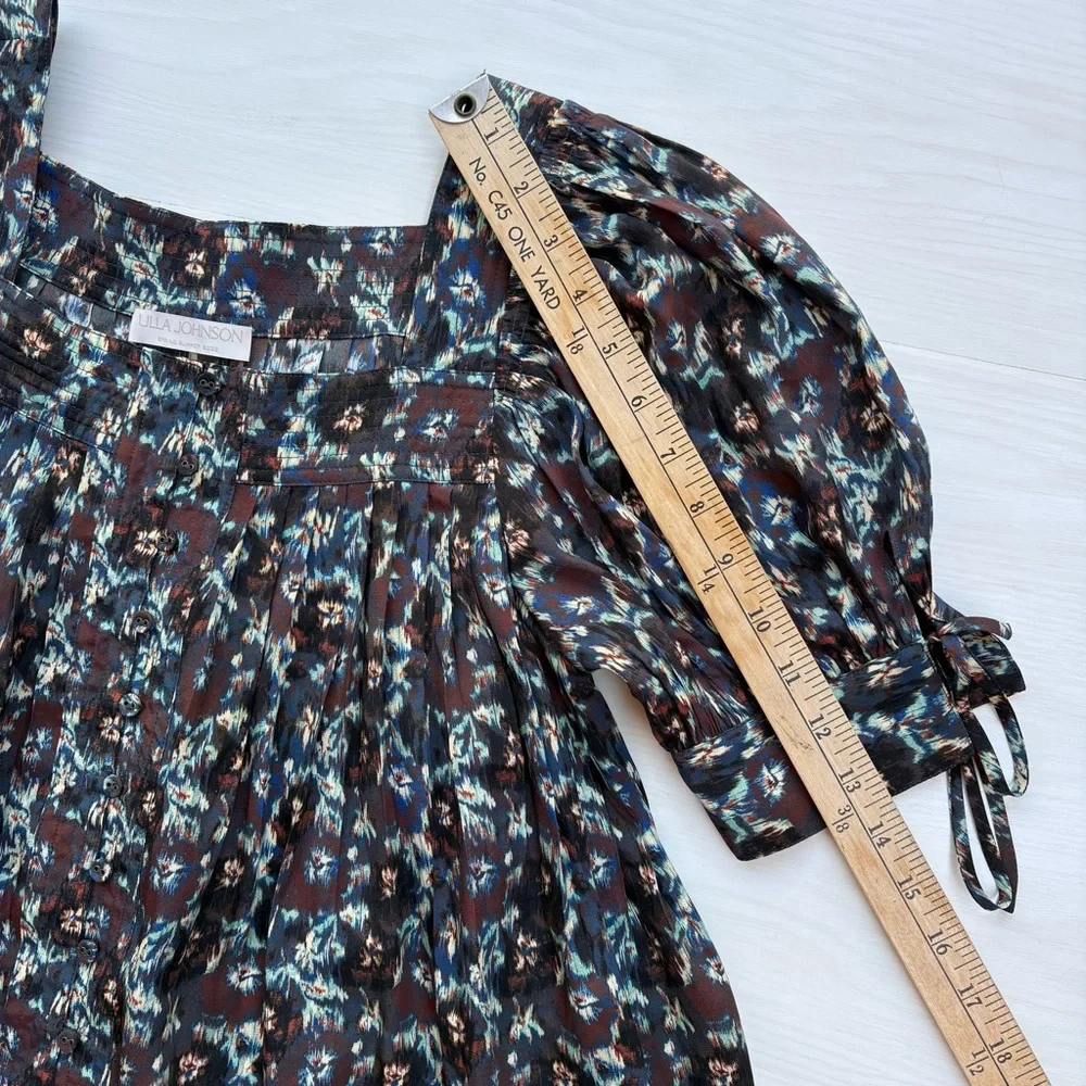 ULLA JOHNSON Lorraine Cobalt Pleated Blouse Floral Silk Top Puff Sleeves Size 6